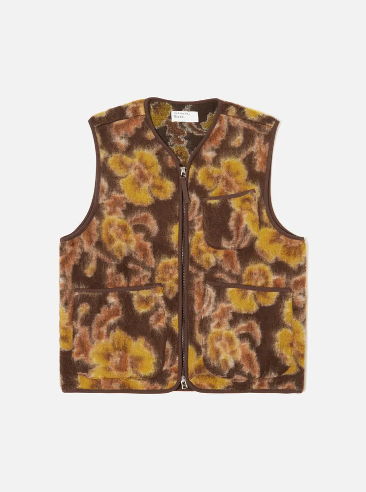 Universal Works Zip Gilet Brown Flower Fleece King's Cross