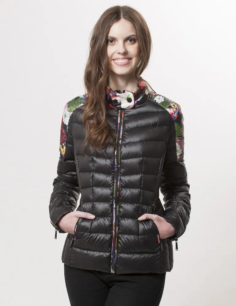 Coats Co Featherweight packable down with floral print by BCBG