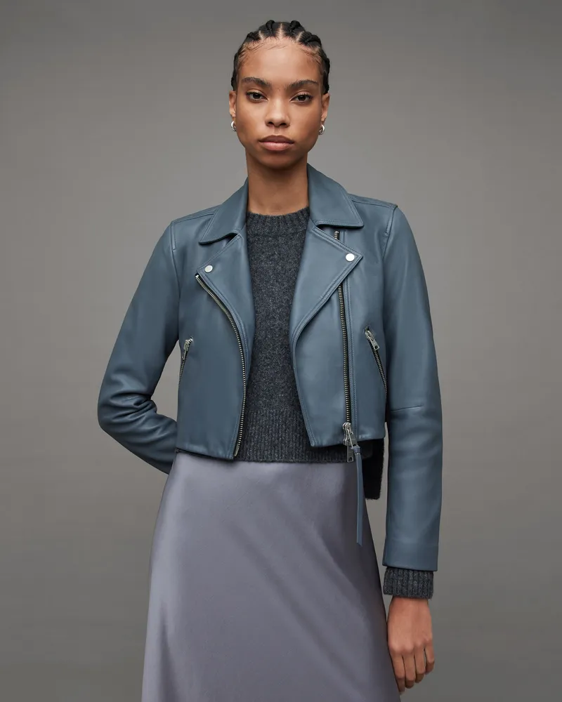 AllSaints Dalby Cropped Slim Leather Biker Jacket Slate Grey
