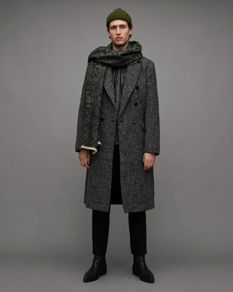 AllSaints Keegan Double Breasted Herringbone Coat Black White