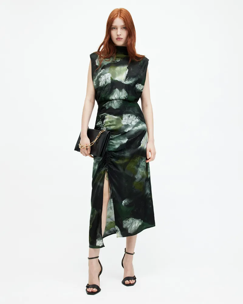 AllSaints Isa Silk Blend Camo Print Midi Dress KHAKI GREEN Size
