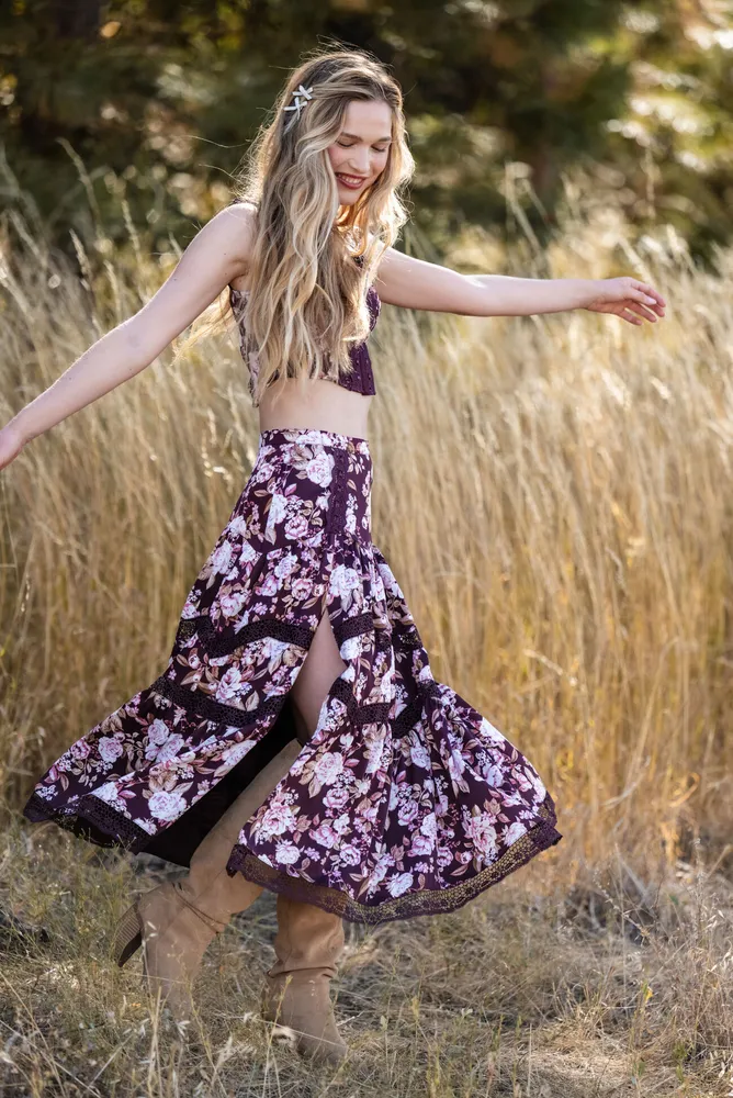 Burgundy cheap floral skirt