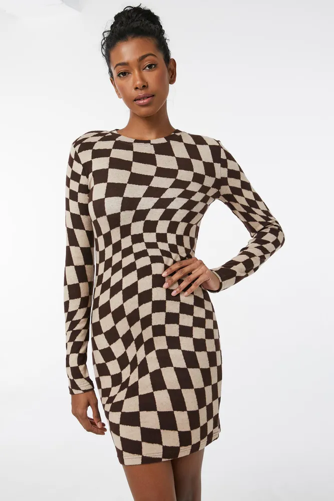 Ardene Wavy Checkered Mock Neck Bodycon Dress in Brown Size Polyester Spandex Viscose