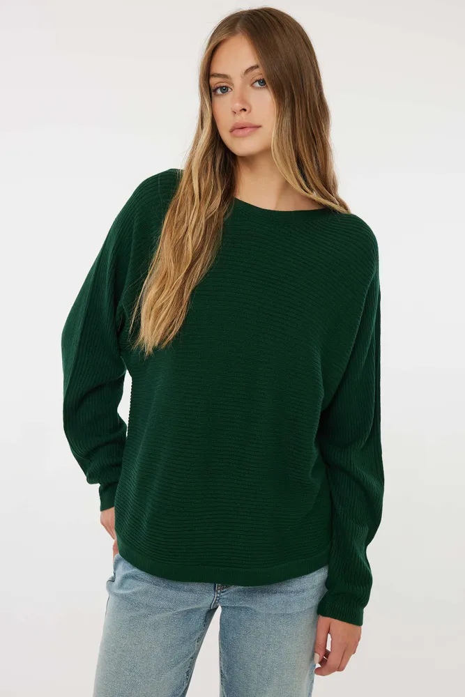 Ardene Long Length Horizontal Ribbed Dolman Sweater in Dark Green