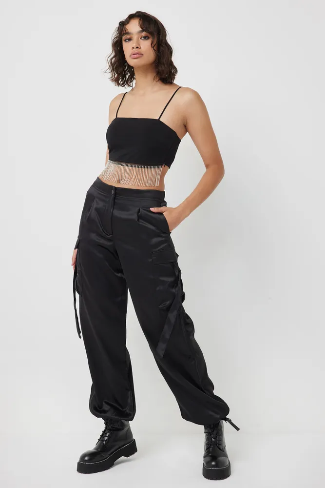 Ardene Satin Parachute Cargo Pants in Black Size Polyester