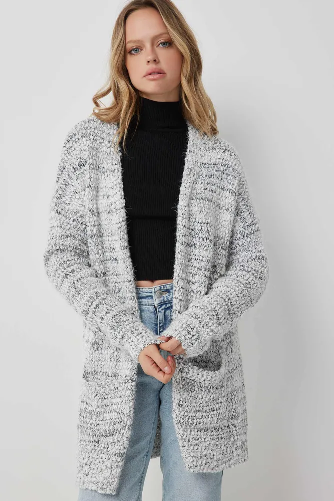 Ardene Fuzzy Long Open Cardigan in Light Grey Size Polyester