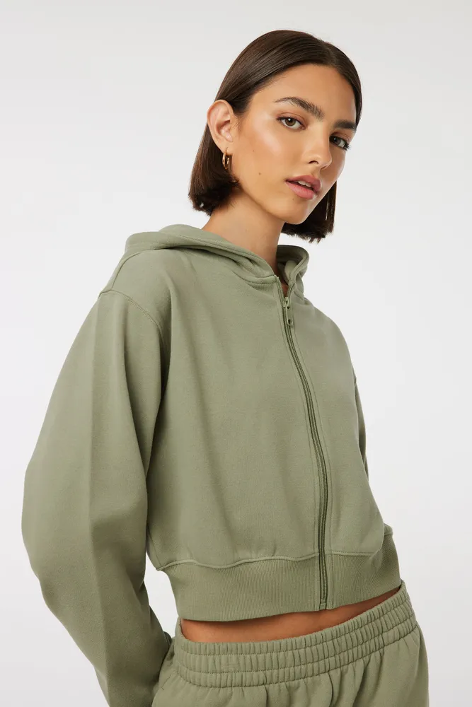 Ardene Cropped Zip Up Hoodie in Khaki Size Polyester Cotton