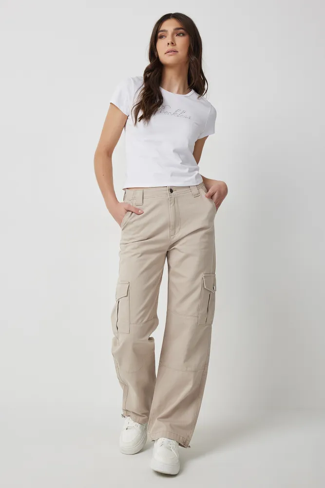 Ardene Ultra High Rise Cargo Pants in Beige Size 100 Cotton