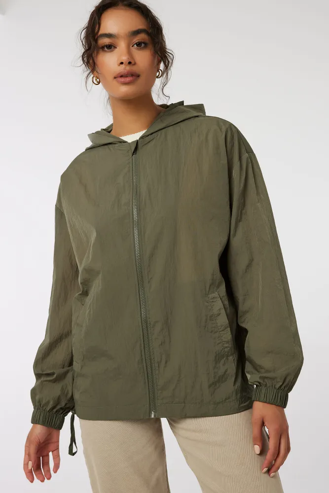 Ardene Oversized Hooded Windbreaker in Khaki Size Nylon