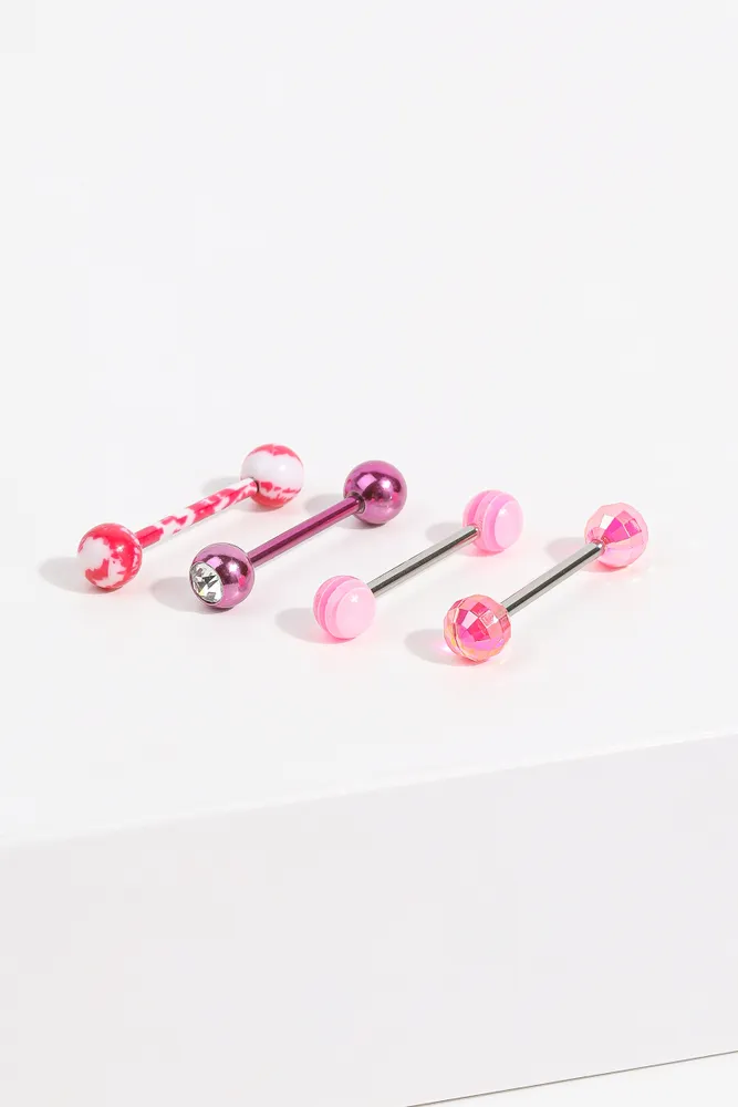Ardene 4 Pack Multicolored Tongue Barbell Piercings in Light Pink Stainless Steel