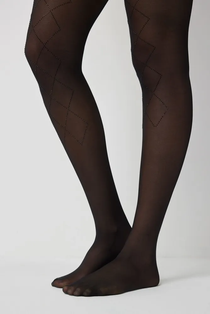 Ardene Embellished Argyle Tights in Black Size Polyester