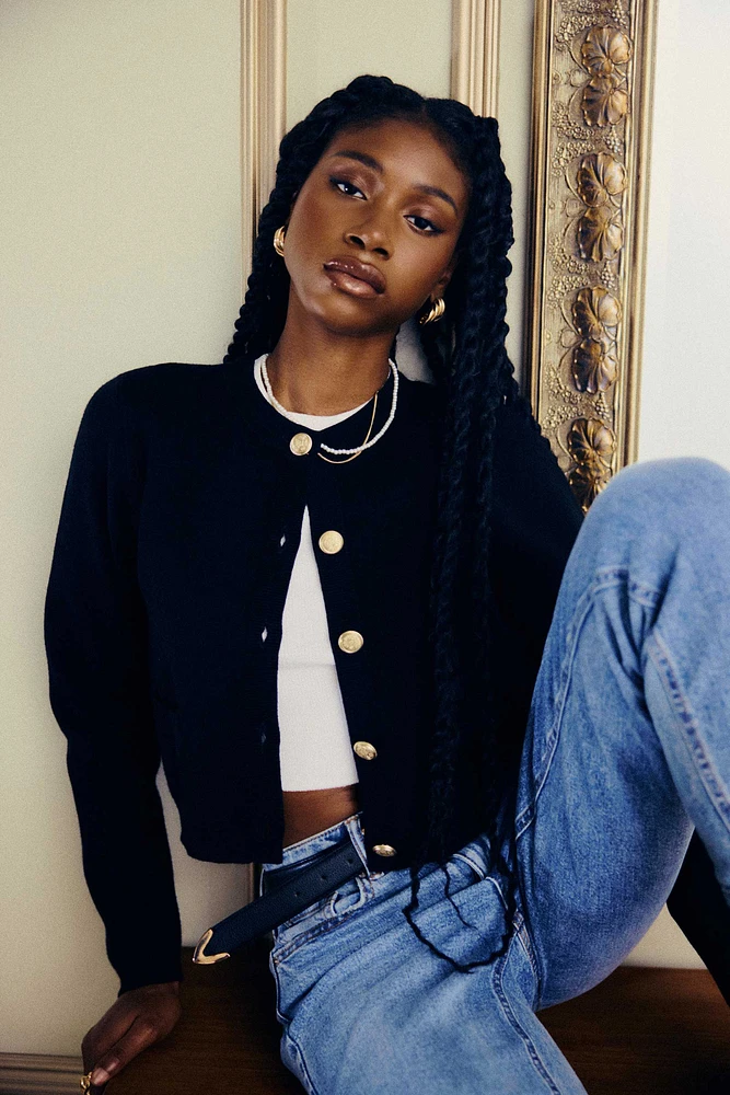 Gold cropped cardigan hotsell