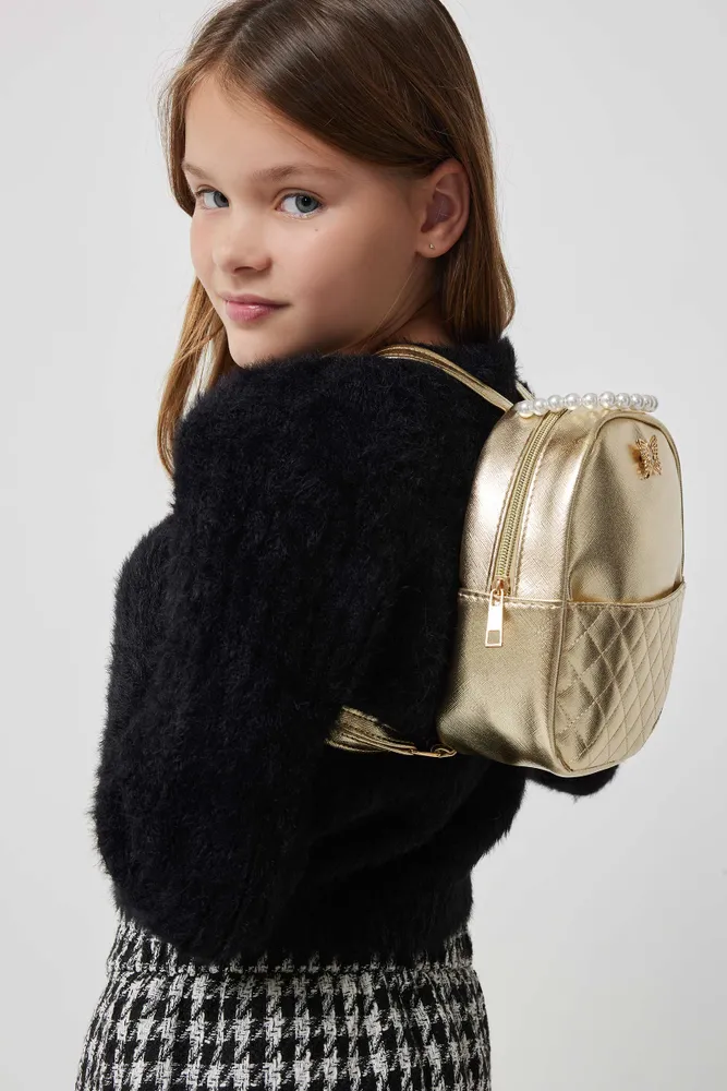 Ardene Kids Gold Backpack with Pearl Handle Faux Leather The