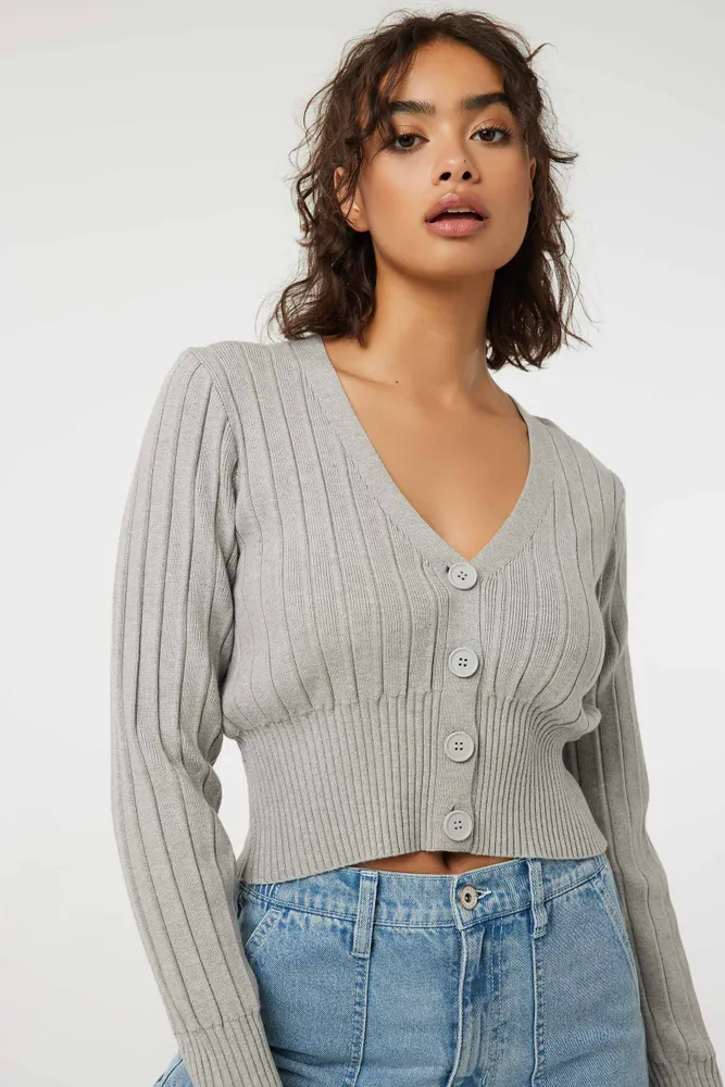 Ardene Short Ribbed Cardigan in Light Grey Size Polyester