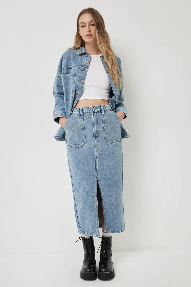 Ardene High Rise Maxi Carpenter Denim Skirt in Medium Blue Size