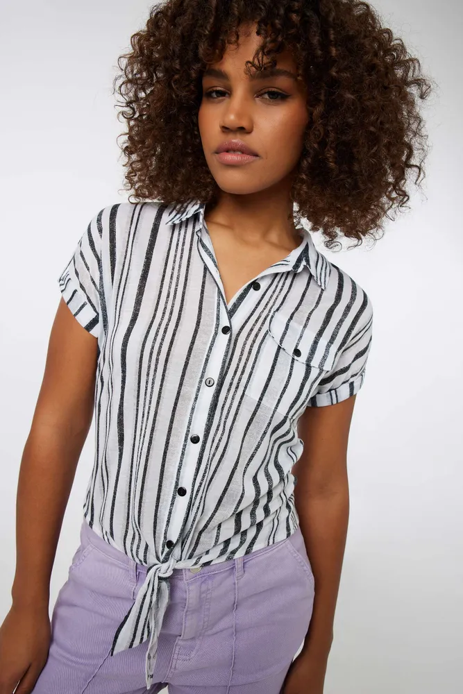 Ardene Tie Front Striped Shirt in Black Size Polyester The