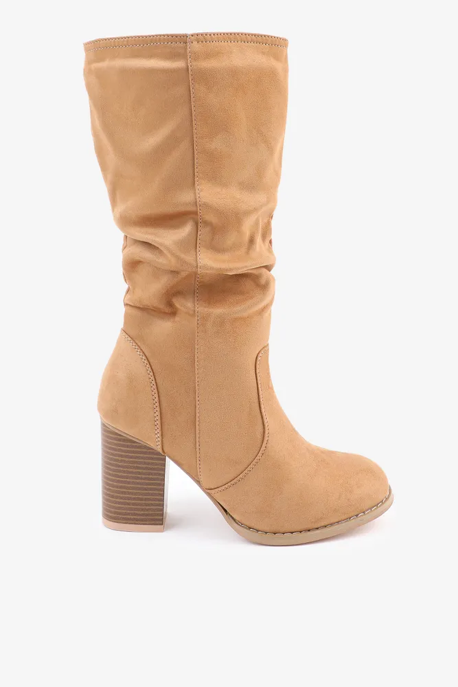 Ardene Mid Calf Ruched Heeled Boots in Beige Size Faux Suede