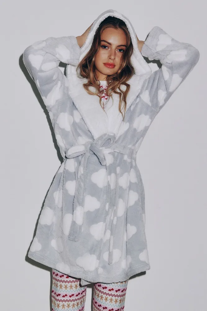 Ardene Flannel Plush Hooded Robe in Light Size Polyester Fleece Lined Eco Conscious