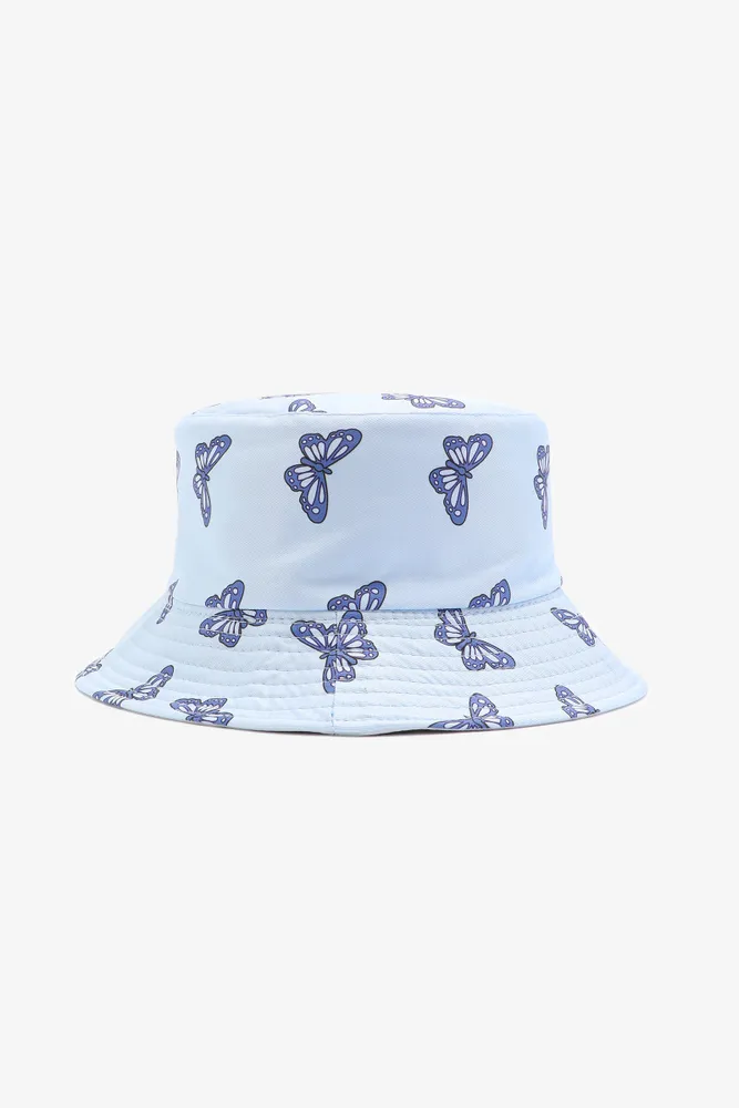 Ardene Butterfly Bucket Hat in Light Blue Polyester Cotton