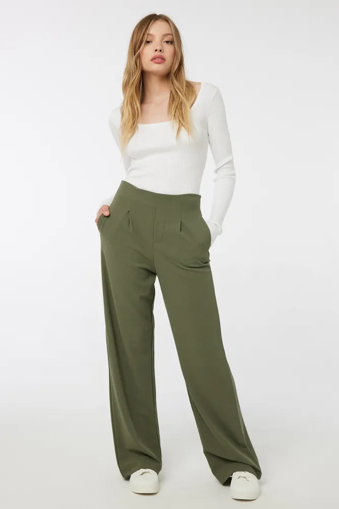 Ardene High Rise Wide Leg Pleated Pants in Khaki Size XL