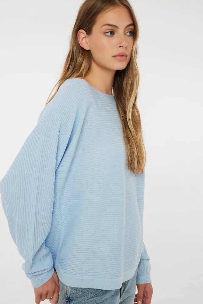 Ardene Long Length Horizontal Ribbed Dolman Sweater in Light Blue Size 100 Acrylic