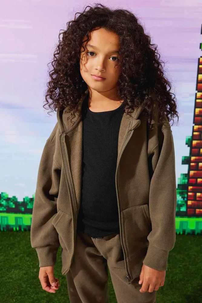 Ardene Kids Oversized Zip Up Hoodie in Khaki Size XS Polyester