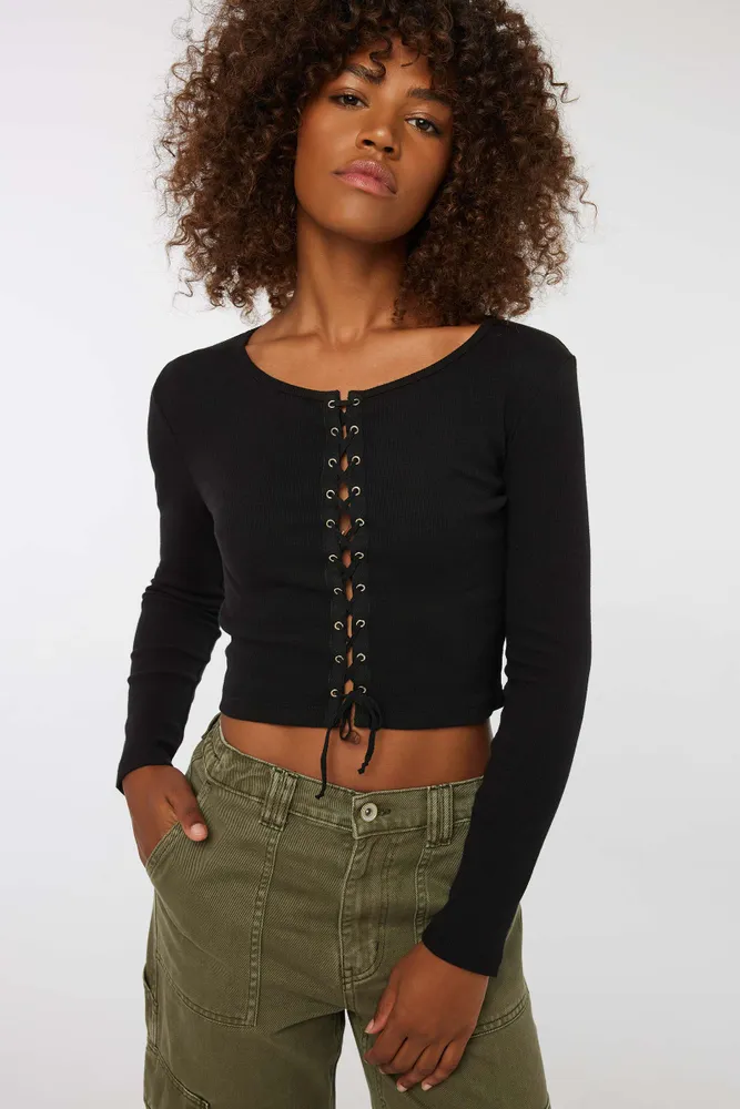 Lace up front on sale long sleeve top