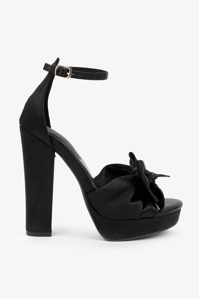 Ardene Satin Platform Heels with Bow Sandals in Black Size