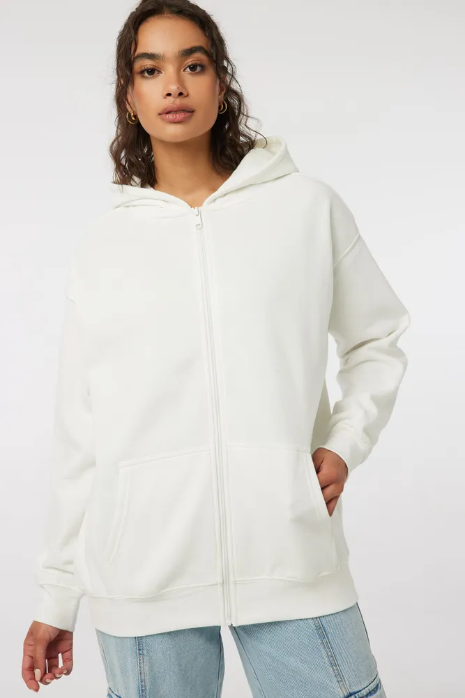 Ardene Oversized Zip Up Hoodie in White Size Polyester Cotton