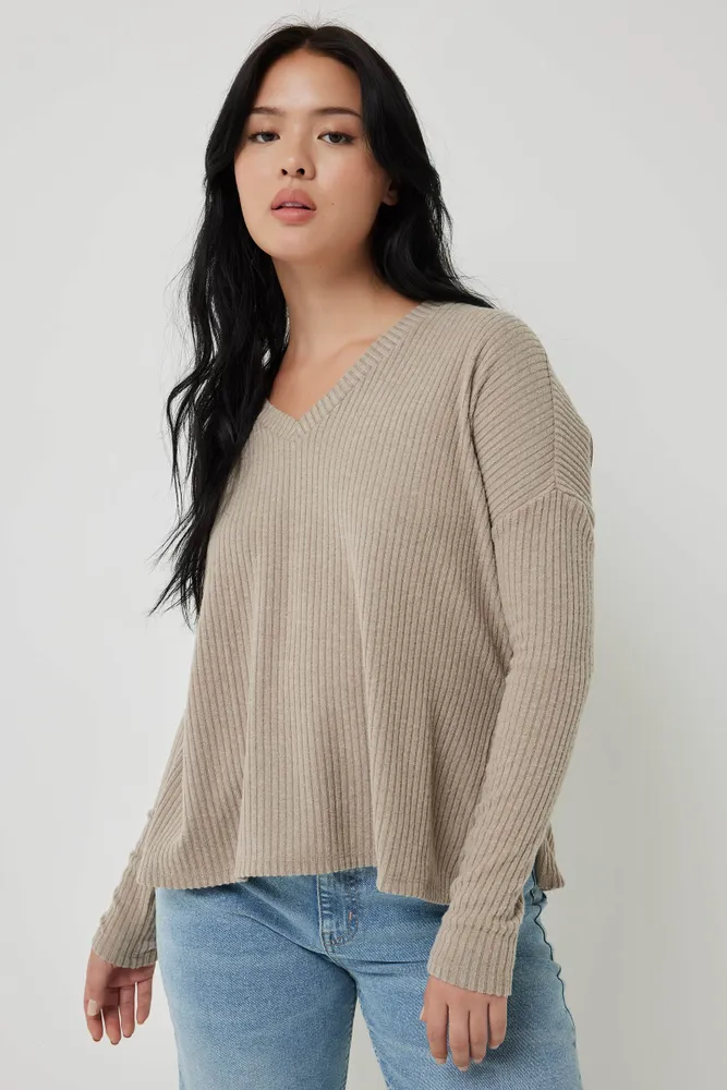 Ardene Oversized V Neck Sweater in Beige Size Polyester