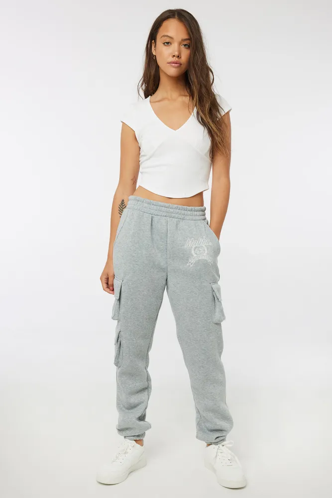 Ardene Cargo Sweatpants with Embroidery in Light Grey Size