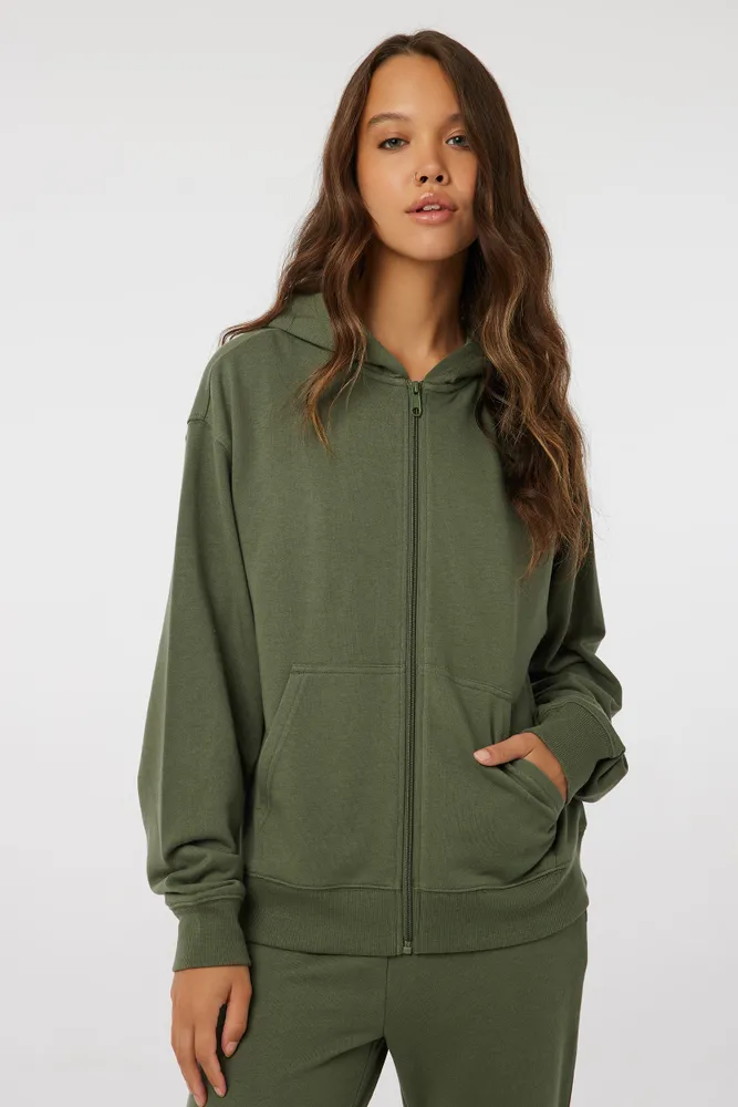 Ardene French Terry Zip Up Hoodie in Khaki Size Polyester