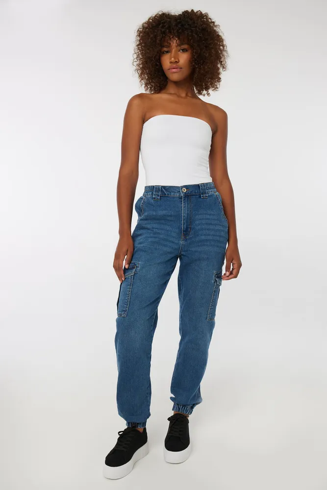 Ardene Denim Cargo Joggers in Dark Blue Size Polyester Spandex
