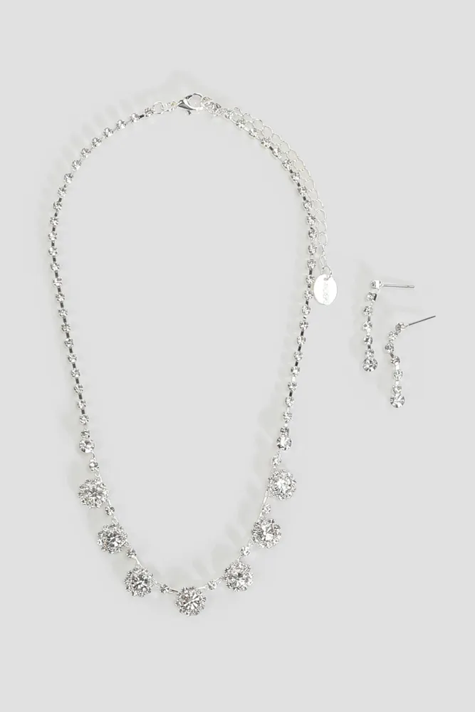 Ardene Floral Rhinestone Necklace Earrings Set in Silver