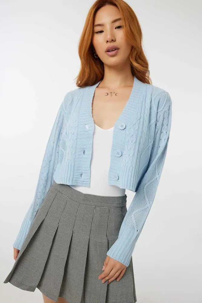 Ardene Crop Cable Knit Cardigan in Light Blue Size Medium 100