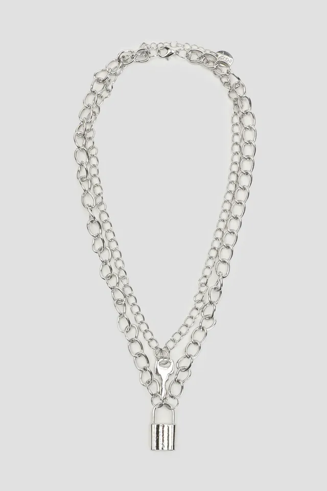 Ardene Key Padlock Two Row Necklace in Silver The Pen Centre