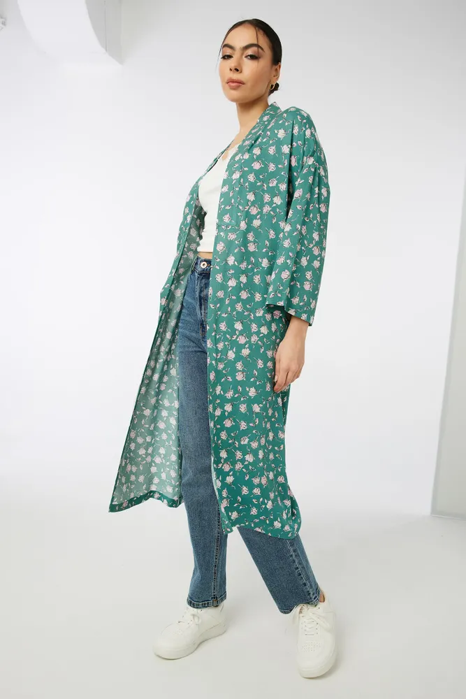 Ardene Floral Kimono Cardigan in Medium Green Size Small 100