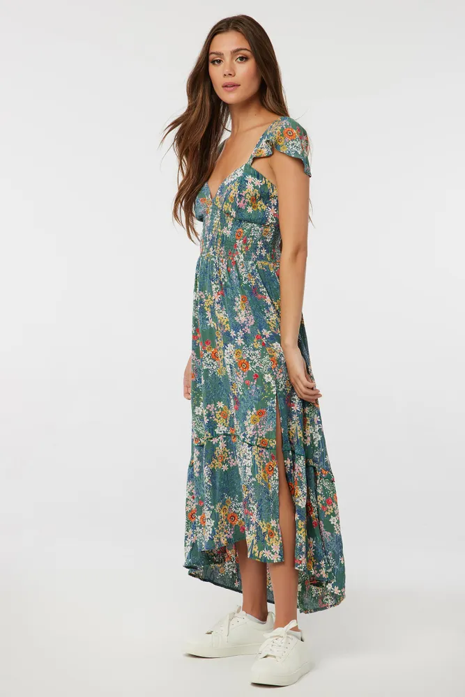 Ardene Floral Lace-Up Back Maxi Dress in Medium Green | Size