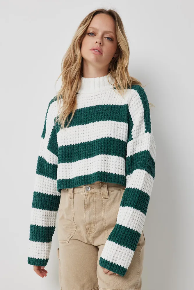 Ardene Striped Chenille Mock Neck Sweater in Dark Green Size
