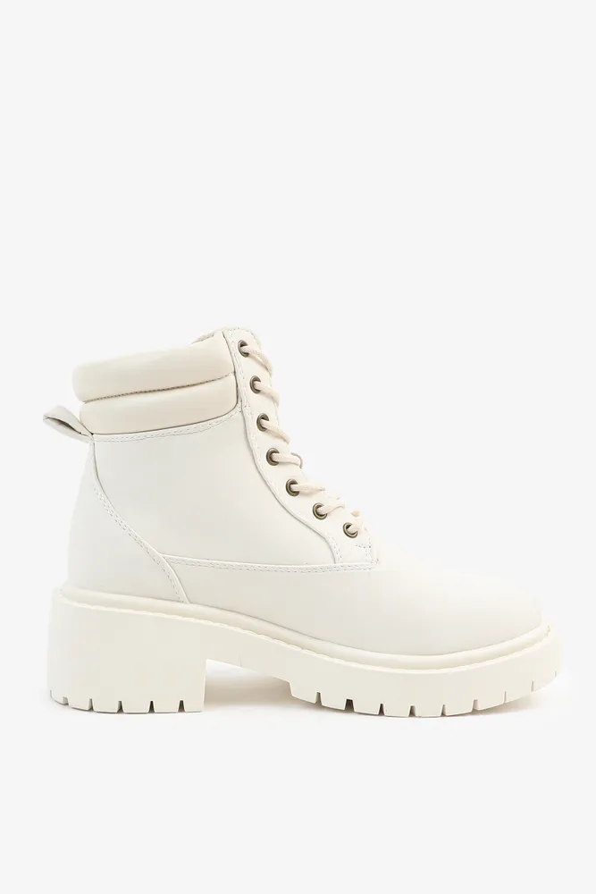 Ardene Puff Collar Work Boots in Beige Size Faux Suede Rubber