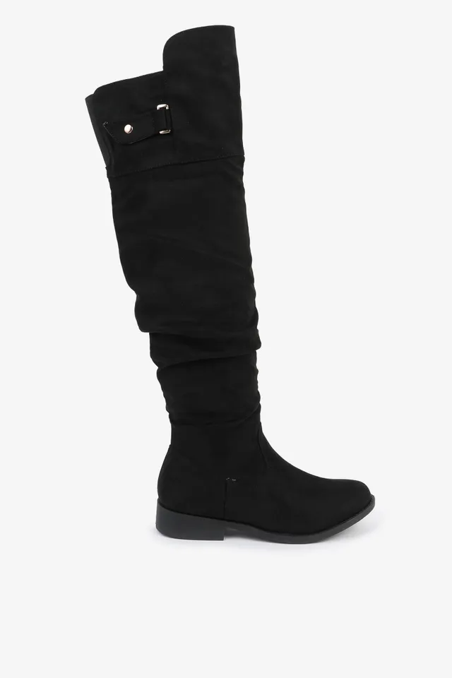 Ardene Faux Suede Tall Boots with Buckle detail in Black Size