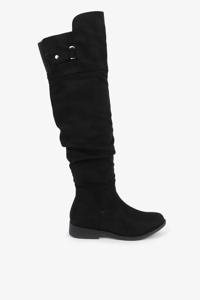 Ardene Faux Suede Tall Boots with Buckle detail in Black Size