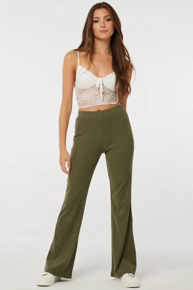 Ardene High Rise Flare Pants in Khaki Size Polyester Elastane