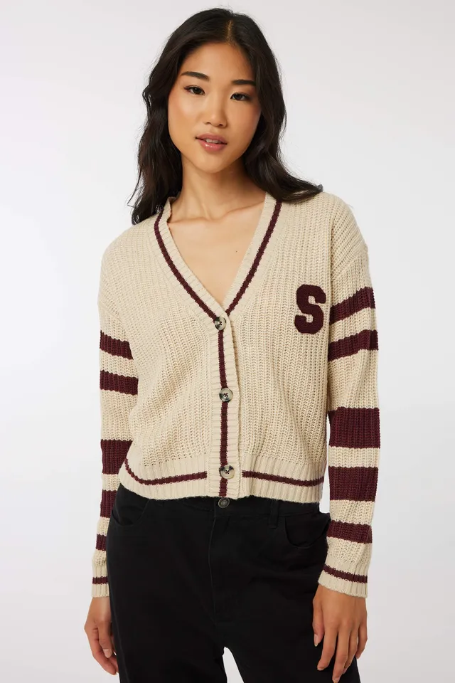 Ardene Crop Varsity Cardigan in Beige Size 100 Acrylic
