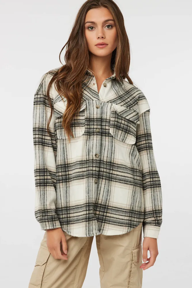 Ardene Plaid Wooly Oversized Shirt in Beige | Size | Polyester