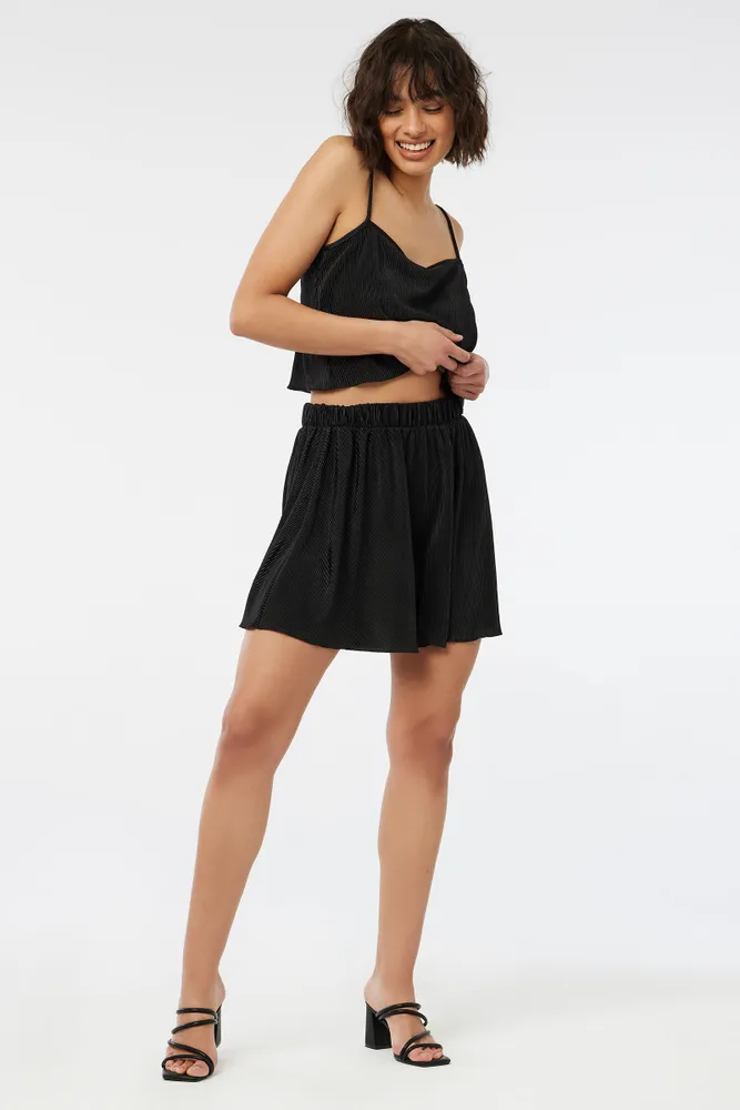 Ardene Mini Pleated Satin Skirt in Black Size Small Polyester