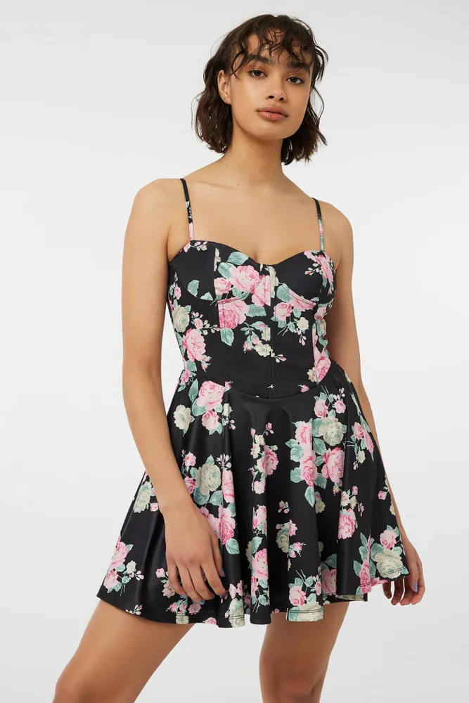 Ardene Floral Bustier Mini Dress in Black Size Polyester