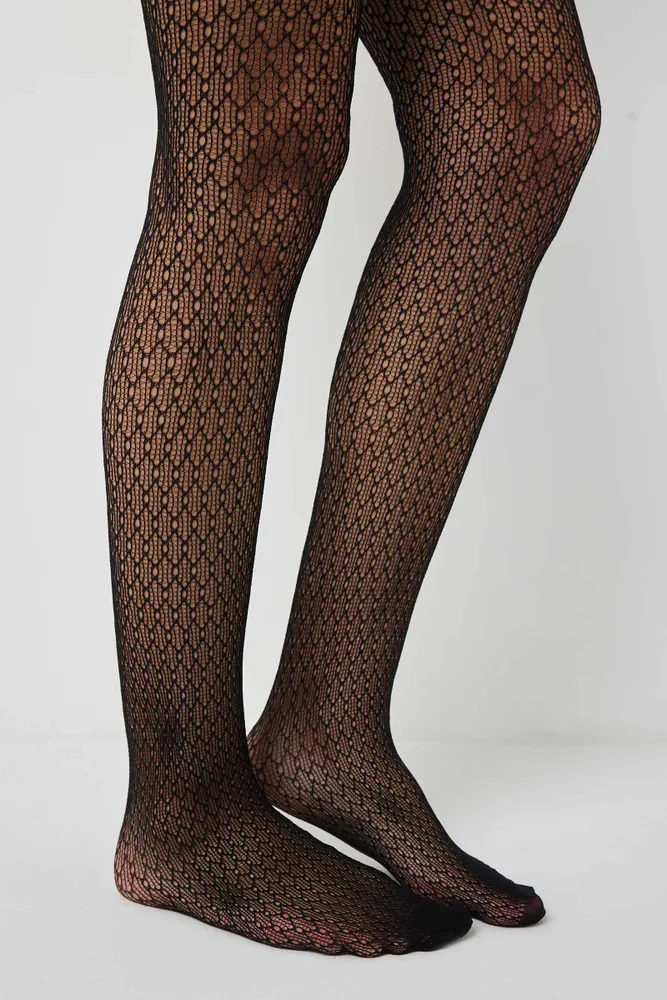 Ardene Diamond Pattern Fishnet Tights in Black Polyester Spandex