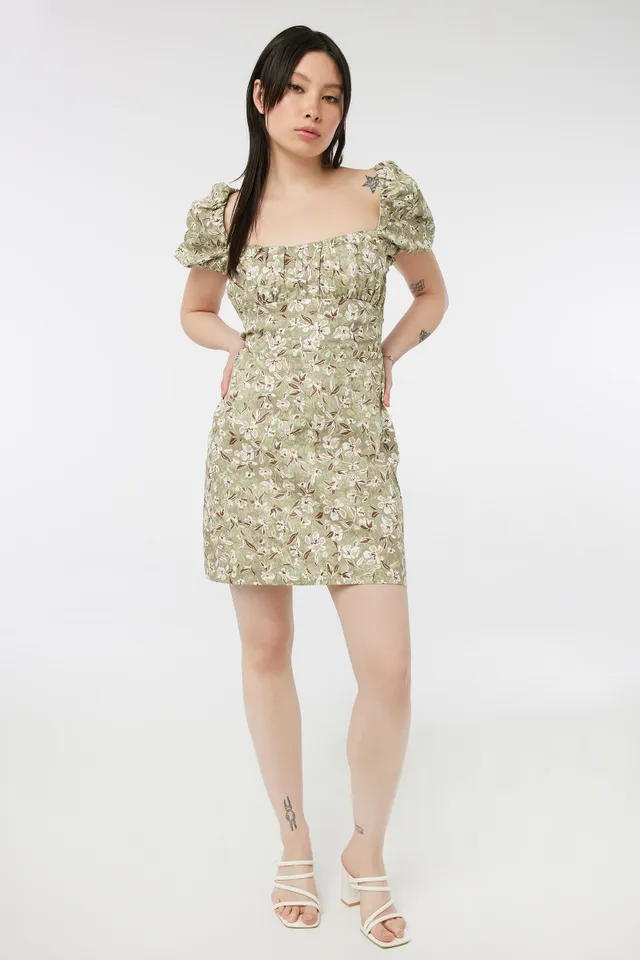 Ardene Floral Tiered Mini Dress in Light Green Size Rayon