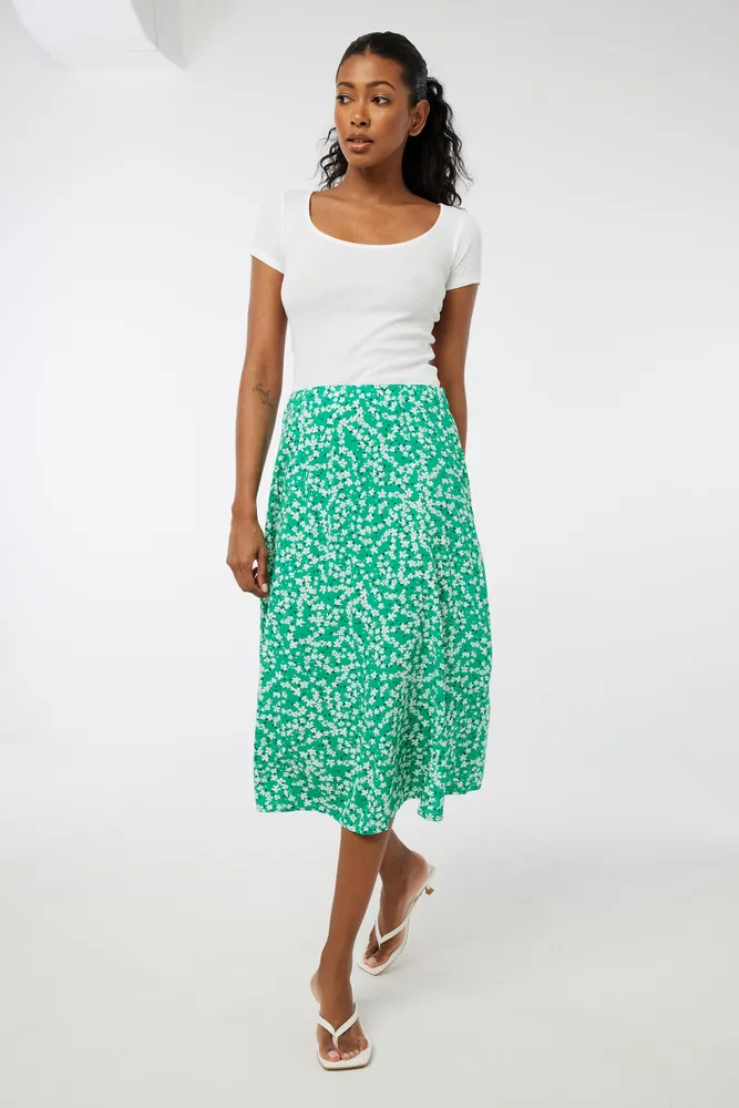 Ardene Floral Midi Skirt in Medium Green Size 100 Cotton